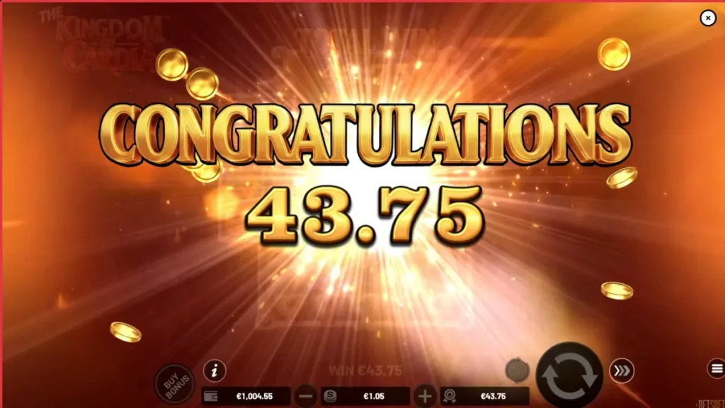 The Kingdom of Cardia slot game interface featuring a whimsical fantasy garden and playing card symbols.