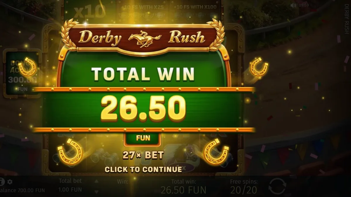 Derby Rush স্লট গেমের ইন্টারফেস যেখানে ঘোড়দৌড়ের থিম দেখা যাচ্ছে